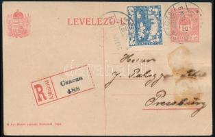 1919 10f díjjegyes levelezőlap csehszlovák díjkiegészítéssel ajánlott küldeményként "CSACZA"