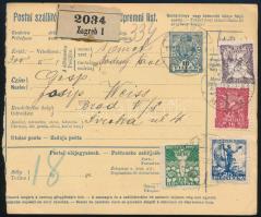 1919 Szállítólevél dekoratív 4 bélyeges horvát bérmentesítéssel "ZAGREB"