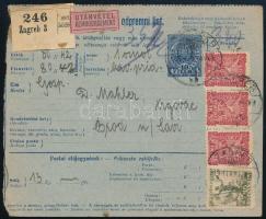 1919 Utánvétes szállítólevél dekoratív 4 bélyeges horvát bérmentesítéssel "ZAGREB"