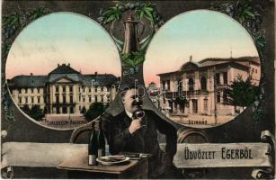 1913 Eger, Líceum, Akadémia, Színház. Szecessziós-virágos keret borozó férfival. Art Nouveau, floral (EK)