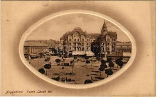Nagyvárad, Oradea; Szent László tér, piac, Fekete Sas szálloda, étterem és kávéház, üzletek, villamos. Sipos József kiadása / square, market, hotel, restaurant and café, shops, tram (enyhén ázott sarok / slightly wet corner)
