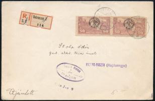 Debrecen 1920 Ajánlott cenzúrázott levél Debrecen II. megszállási bélyegekkel Pallagpusztára, Bodor vizsgálójellel
