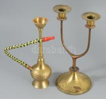 4 db indiai réz tárgy, gyertyatartó, vizipipa, tálka, stb 25 cm-ig