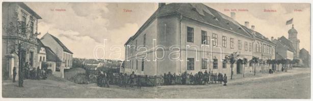 Rohonc, Rechnitz; Tabor városrész, izraelita templom, zsinagóga, Weisz Lipót üzlete, római katolikus fiúiskola, Fő tér. Stern J. fényképész kiadása. 2-részes kihajtható panorámalap. Judaika / synagogue, shop, Roman Catholic boys' school, main square. 2-tiled folding panoramacard. Judaica (tűnyomok / pinmarks)