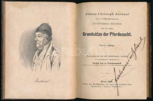 Justinus, Johann Christoph: Hinterlassene Schriften über die wahren Grundsätze der Pferdezucht. Herausgegeben und mit Erläuterungen versehen auf Veranlassung Sr. Durchlaucht des Fürsten Carl zu Trauttmansdorff. Wien, 1884, Friedrich Beck, XII+166+[2] p. Német nyelven. Átkötött félvászon-kötésben, kissé kopottas borítóval, helyenként kissé foltos lapokkal, tulajdonosi névbejegyzéssel.