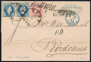 1869 Céges levél 5kr + 2 x 10kr bérmentesítéssel "PEST / VASP." + "1sz. M.K. MOZGO POSTAHIVATAL" bélyegzéssel és kézi "Pesth" érvénytelenítéssel Franciaországba