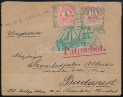 1898 Peterdi-féle hajóposta levél 5kr + 15kr bélyeggel, zöld színű hajót ábrázoló bélyegzéssel + "GENOVA" + piros "Paquebot." + 'M.K. ADRIA" bélyegzésekkel Budapestre