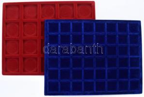 2db érmetartó tálca, az egyik 20db 47x47mm-es, a másik 48db 33x33mm-es fészekkel. Külső méreteik: 31x23cm. Használt, jó állapot