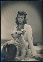 cca 1935 Hölgy kutyával, műtermi fotó a Várkonyi Stúdióból, hidegpecséttel jelzett, kis felületi sérüléssel, 14,5×10,5 cm