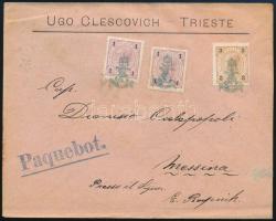 1900 Peterdi-féle hajóposta céges nyomtatvány osztrák bélyegekkel, kék horgonyos + kék "Paquebot." bélyegzésekkel Szicíliába