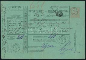 1874 Magyar-horvát 5kr teljes postautalvány, szép "VINKOVCE" gyűszűbélyegzéssel Budapestre