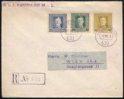 1918 Ajánlott tábori posta levél 3 színű Feldpost bérmentesítéssel "K.u.k. Kantine der 19. I.D." + "FP 431"