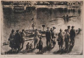 Kórusz József (1927-2010): V. buszmegálló (Dunapart). Rézkarc, papír, jelzett, üvegezett fakeretben, 20x29 cm