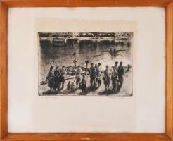 Kórusz József (1927-2010): V. buszmegálló (Dunapart). Rézkarc, papír, jelzett, üvegezett fakeretben,...