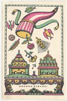 Boldog Újévet! Nyomtatta és kiadja Kner Izidor, Gyoma / Hungarian art postcard with Christmas greeting s: Kozma