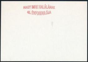 1998 Nagy Imre halálának 40. évfordulója emlékív felülnyomatának piros próbanyomata kartonpapíron, tanúsítvánnyal