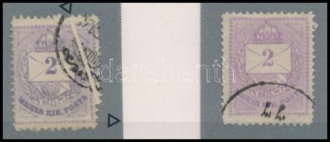 1874 2 db 2kr gyöngyjavítással, egyiknél széles papírránccal, ritka (ex Orbán, Sebestyén aranyérmes kiállítási anyagból)