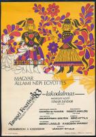 Mayer Gyula (1942-2002): Magyar Állami Népi Együttes, lakodalmas, Tavaszi Fesztivál Budapest 1983, kisplakát, villamosplakát, ofszet, papír, jelzett a plakáton, Offset és J. Nyomda, hátoldalán nyomtatott műsor, hajtásnyommal, lap alján apró szakadásokkal, 23,5x16 cm