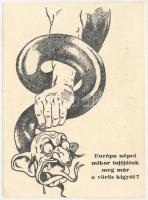 Európa népei mikor fojtjátok meg már a vörös kígyót? Antiszemita szovjet-ellenes propaganda lap. Felelős kiadó Nagykálnai Levatich László, Held János könyvnyomdája, Judaika / Hungarian anti-Semitic and anti-Soviet propaganda mocking art postcard. Judaica
