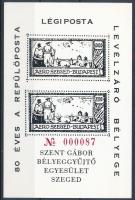 1998 80 éves a Repülőposta légiposta levélzáró bélyege feketenyomat emlékív piros sorszámmal, R!