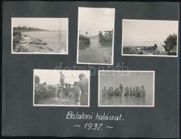 1937 Balatoni halászat, Balaton-menti templomok, 9 db albumlapra ragasztott fotó, feliratozva, 9×5,5 cm