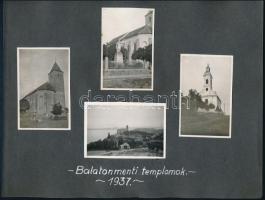 1937 Balatoni halászat, Balaton-menti templomok, 9 db albumlapra ragasztott fotó, feliratozva, 9×5,5...