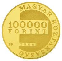 2006. 100.000Ft Au "Az 1956-os magyar forradalom és szabadságharc 50. évfordulója" tanúsítvánnyal (20,946g/0.986). A 20. századi magyar történelem talán legfontosabb és legdicsőségesebb pillanata volt 1956. október 23., mikor a nép fegyvert fogott a kommunista diktatúra ellen. A forradalom fontos eredményei közé tartozott a kilépés a Varsói Szerződésből, Magyarország semlegességének és függetlenségének kinyilvánítása és a sajtószabadság helyreállítása. A forradalom november 4-ig tartott, mikor a bevonuló szovjet tankok vérbe fojtották a magyar szabadságot. Az 1956-os forradalom a szabad világban mindenhol elismerést váltott ki a magyar nép irányába. Jelen aukciónkon az 1956-os forradalom és szabadságharc 50. évfordulójára kiadott arany emlékérmére lehet licitálni. T:PP Hungary 2006. 100.000 Forint "50th Anniversary of the 1956 Hungarian Revolution and War of Independence" with certificate (20,946g/0.986). Perhaps the most important and glorious moment in 20th-century Hungarian history was October 23, 1956, when the people took up arms against the communist dictatorship. Important achievements of the revolution included the withdrawal from the Warsaw Pact, the declaration of Hungary's neutrality and independence, and the restoration of freedom of the press. The revolution lasted until November 4, when the advancing Soviet tanks drowned Hungarian freedom in blood. The 1956 revolution brought recognition to the Hungarian people everywhere in the free world. At our current auction, you can bid on a gold commemorative coin issued for the 50th anniversary of the 1956 revolution and freedom struggle. C:PP Adamo EM207, Krause KM#796