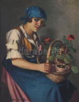 Szász István (1878-1965): Menyecske virágokkal. Olaj, vászon, jelzett. Dekoratív, kissé sérült fakeretben, 50×40 cm