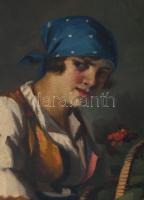 Szász István (1878-1965): Menyecske virágokkal. Olaj, vászon, jelzett. Dekoratív, kissé sérült faker...