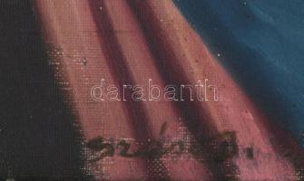 Szász István (1878-1965): Menyecske virágokkal. Olaj, vászon, jelzett. Dekoratív, kissé sérült faker...