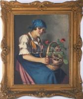 Szász István (1878-1965): Menyecske virágokkal. Olaj, vászon, jelzett. Dekoratív, kissé sérült faker...