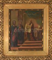 Ikon - Jézus bemutatása a templomban. 19. század, orosz ikonfestő, sérüléssel, aranyozott blondel keretben, 36x29 cm, 51x45 cm