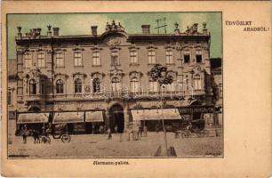Arad, Hermann palota, Vojtek és Weisz, Kneffel Károly és Fia, Hoffmann Antal üzlete. Lengyel L. műintézete kiadása / palace, shops (EK)