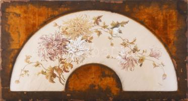 Jelzés nélkül, XIX. sz. második fele: Legyezőterv virágokkal. Vegyes technika, selyem. Sérült. Üvegezett, kopott fakeretben. 40×75 cm