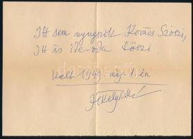 1949 Jékely Zoltán (1913-1982) író, költő, műfordító, könyvtáros autográf kézirata (epigramma), aláírásával