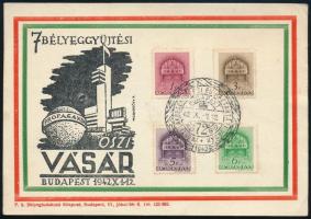 1942/5 Őszi Vásár bélyeggyűjtési propaganda emlékív levelezőlapon, alkalmi bélyegzésekkel