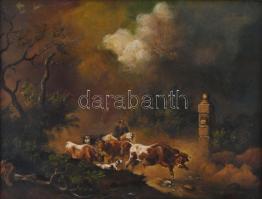 E Mahlknecht jelzéssel , XIX. sz.: Tehéncsorda. Olaj,fémlemez. Dekoratív, sérült fakeretben. 30×39 cm