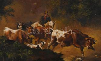 E Mahlknecht jelzéssel , XIX. sz.: Tehéncsorda. Olaj,fémlemez. Dekoratív, sérült fakeretben. 30×39 c...