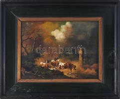 E Mahlknecht jelzéssel , XIX. sz.: Tehéncsorda. Olaj,fémlemez. Dekoratív, sérült fakeretben. 30×39 c...