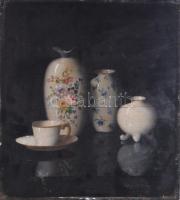Molnár Z. János (1880-1960): Csendélet porcelánokkal. Olaj, rétegelt falemez, jelezve jobbra lent. Felületi sérülésekkel (repedésekkel). 39,5x35 cm