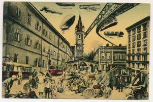 1912 Szászváros, Broos, Orastie; a jövőben montázs. Weisz D. kiadása / in der Zukunft / in the future montage (gyűrődés / crease)