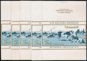 cca 1930-1940 "Stühmer Tejcsokoládé", Stühmer Frigyes Rt., 5 db csokipapír, jó állapotban, 16x12 cm