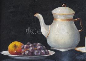 Molnár Z. János (1880-1960): Asztali csendélet porcelánnal és gyümölcsökkel. Olaj, vászon, kartonon,...