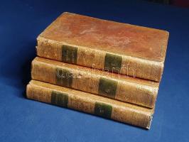 Helvétius, [Claude-Adrien]:  Oeuvres complétes d'Helvétius. Tome I-III: De L'Esprit. De L'Homme. Mélanges. [Teljes mű három kötetben.] Paris, 1818. Chez Mme Lepetit (Imprimerie de Crapelet). X + 597 + [1] p. + 1 melléklet (kihajtható hasonmás); VIII + 632 p.; [4] + 445 + [1] p. Első teljes kiadás. Cluade-Adrien Helvétius (1715-1771) francia uradalmi főbérlő, materialista filozófus, társadalomelméleti gondolkodó, enciklopédista. A királynő közelében élő uradalmi főbérlő jelentős bevételei tudatában költészettel kezdett foglalkozni, majd költő-filozófusi hírneve növelése érdekében kiadta botrányosnak bizonyult "De l'Esprit" című művét (1758), melyet a francia egyház, az állam és a párizsi Sorbonne egyaránt betiltott. A Montesquieu babérjaira törő mű az ember természetét az önérdek, önszeretet és az örömszerzés metszéspontjában határozta meg, elmélete szerint az egoizmus nagyobb távlatban a közjót is képes előmozdítani. Antropológiája, lélektana és szociológiája a géniusz, a képzelet, az ambíció, a virtus, a jó ízlés fogalmaival operál. Felforgatónak számító ember- és társadalomképe, pedagógiai elvei jelentős közérdeklődést keltettek a kor elegáns társaságában. Művei egy része csak halála után jelent meg. Kiadásunk az első teljes életműkiadás. A harmadik, befejező, vegyes tartalmú kötet élén nagyívű Helvétius-életrajz, a filozófus kortársa és fegyverhordozója, Charles Francois de Saint-Lambert (1717-1803) költő, enciklopédista kidolgozásában, utána Helvétius filozófiai költeményei, aforizmái és levelezése. Az első kötet elején könyvkereskedői könyvjegy. Egységes, aranyozott korabeli bőrkötésben, márványmintás festésű lapszélekkel, a kötéstáblákon aranyozott, ornamentikus keretdísszel. Jó példány.