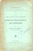Meltzl Balambér:  Hammurabi törvénykönyve jogi szempontból. Kolozsvár, 1910. Ajtai K. Albert ny. [2] + [41]-60 p. Egyetlen önálló kiadás. Meltzl Balambár jogtörténész (1880-1939 körül), a római jog előadója a kolozsvári egyetemen. 1909-ban elhangzott ismeretterjesztő előadása az 1901-1902-es perzsiai ásatások során előkerült, feliratozott Hammurapi-törvényoszlop jogi szövegeit elemzi. Néhány oldalon apró gyűrődések. Az első fedőborítón régi tulajdonosi bejegyzés. (Különlenyomat az Erdélyi Múzeum-Egyesület Jog- és Társadalomtudományi Szakosztálya kiadványaiból. I. füzet.) Fűzve, enyhén sérült, enyhén elszíneződött kiadói borítóban.