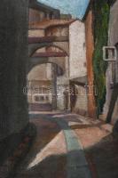 Jelzés nélkül, XX. sz. eleje (Kövér Gyula?): Hangulatos utca. Olaj, vászon. Javított. Sérült. 68x50 ...