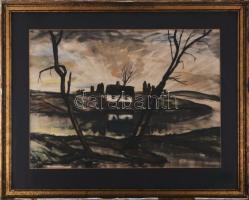 Zajti Ferenc (1886-1961): Tanya a vízparton. Akvarell, papír, jelzett. Üvegezett, sérült fakeretben, hátoldalán Mihály Géza budapesti képkeretező 1930-40 körüli címkéjével, 44×61 cm