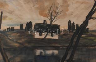 Zajti Ferenc (1886-1961): Tanya a vízparton. Akvarell, papír, jelzett. Üvegezett, sérült fakeretben,...