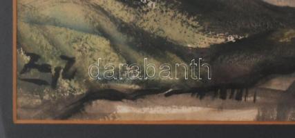 Zajti Ferenc (1886-1961): Tanya a vízparton. Akvarell, papír, jelzett. Üvegezett, sérült fakeretben,...