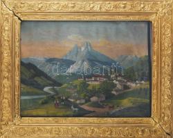 Jelzés nélkül, XIX. sz. festő: Berchtesgaden környéki táj, Bajorország. Akvarell, papír. Hátoldalán korabeli német ny. felirattal. Üvegezett, javított, sérült fakeretben, 47×63,5 cm